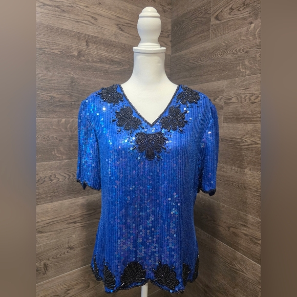 Stenay Royal Blue Sequin Blouse with Black Floral Details - Picture 3 of 14